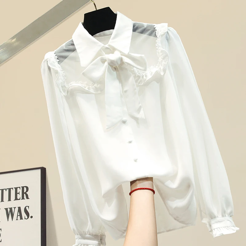 

Bow Shirtb Women White Long-Sleeve Chiffon Shirt Women's Blouse Office Lady All-match Basic White / Black Tops Blouses Blusas