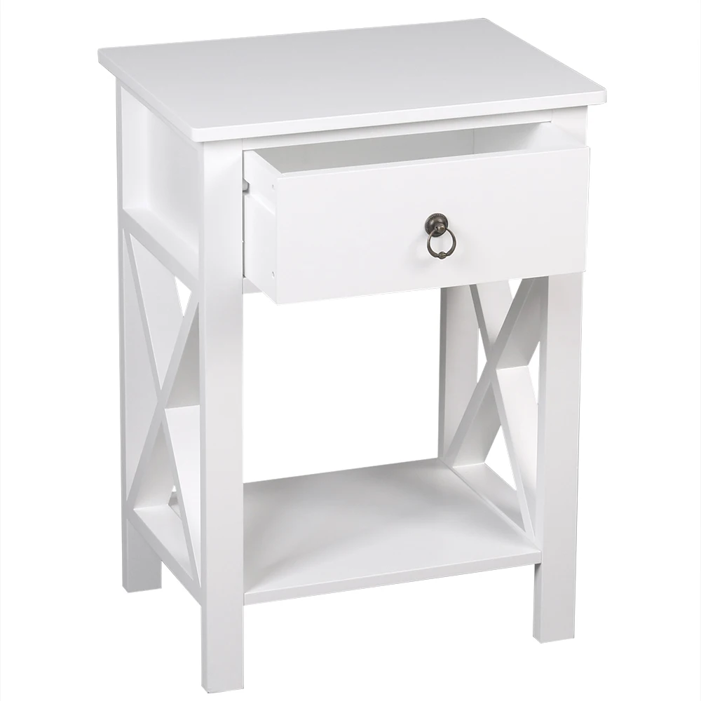 

2 Pieces, Two-Layer Bedside Nightstand Table with Drawers, Side Table, Coffee Table, Side Cross Style, White