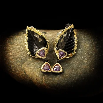 

Exquisite Leaf Feather Shape Pendant Earrings Purple Zircon Ladies Earrings Luxury Original Ladies 925 Silver Jewelry