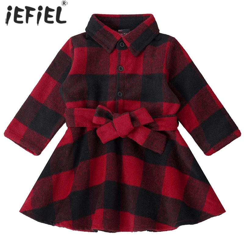 

Baby Girl Dress Plaid Long Sleeve Lapel Collar High Waist Waistband Buttons Spring Autumn Princess Party Shirt Dress 0-3Years