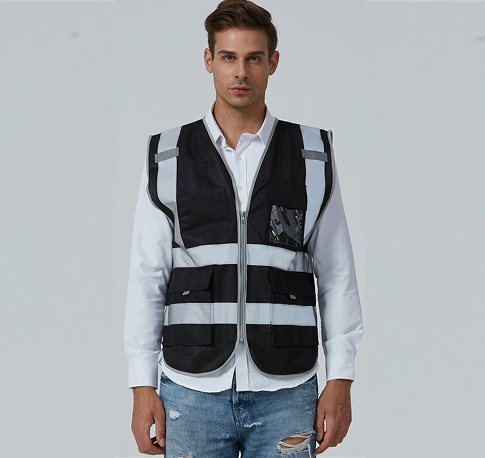 Workshop Vest Safety Night Reflective Vest Hi Vis Workwear Jacket Black Women Men Waistcoat Working Cloth
