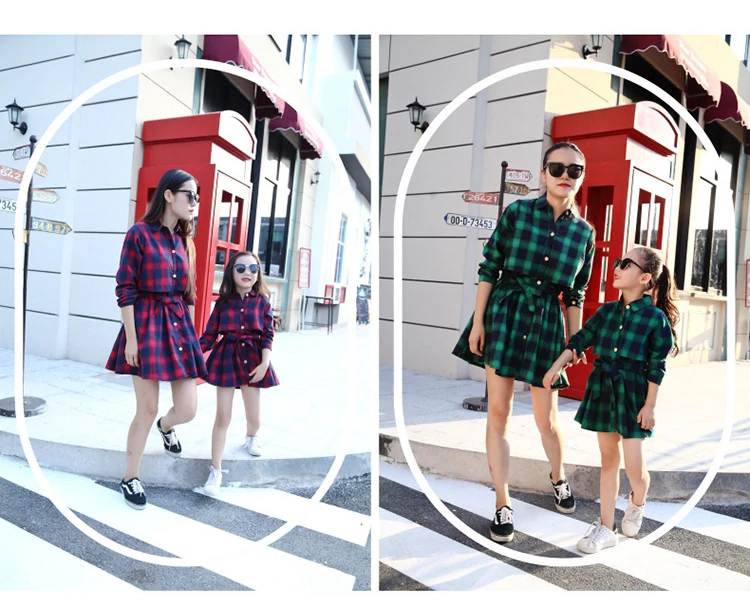 Платье-рубашка в клетку с длинными рукавами для мамы и дочки модное клетчатое платье с поясом для мамы и дочки милое платье принцессы для родителей и детей