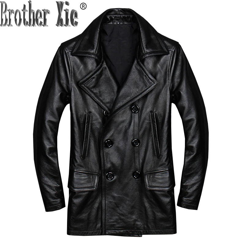

Men's Leather Jacket Double-breasted Genuine Leather Jacket Men Plus Size Windbreaker Korean Veste Cuir Homme KJ1301