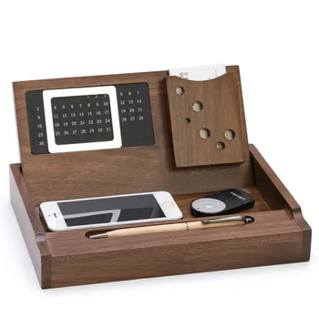 

Maple Walnut With Calendar Office Storage Seat Pen Business Card Mobile Phone Key Storage Box Organizer Wood