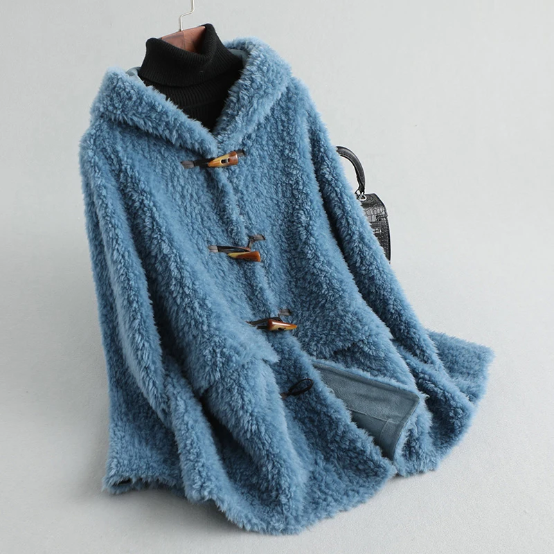 PUDI A19504 women winter genuine wool fur coat winter buckler horn warm lady hood coat jacket overcoat - Color: blue