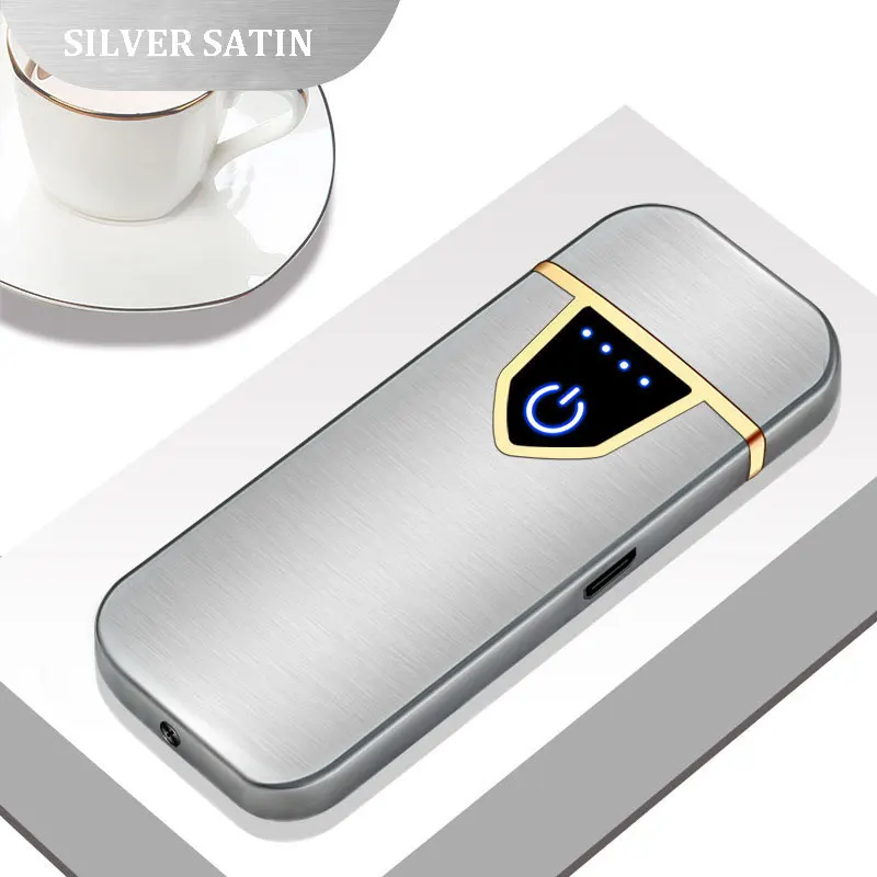 Металлические беспламенные электрические зажигалки зарядка Зажигалка сенсорный индукционный ветрозащитный Ультра-тонкий USB прикуриватель - Цвет: SILVEER SATIN