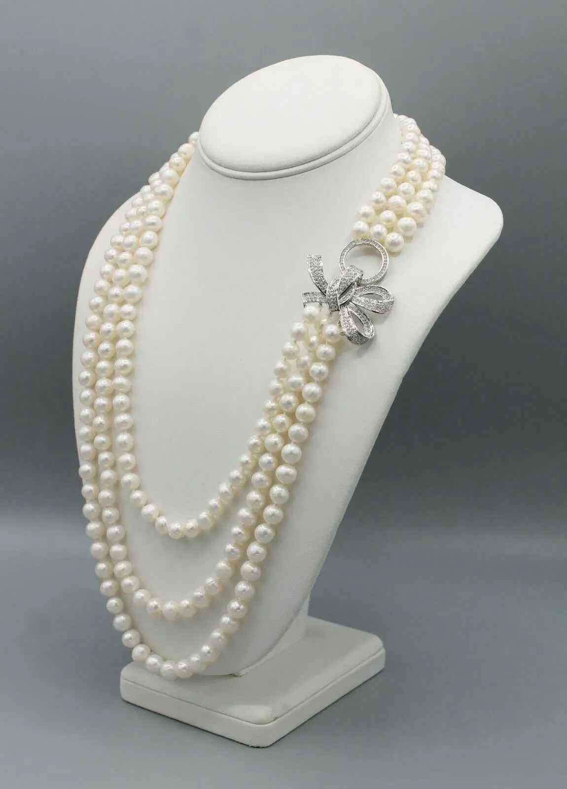 

Hand knotted 8-9mm white freshwater pearl necklace micro inlay zircon bow clasp fashion jewelry