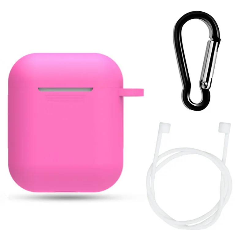 Чехол 3 в 1 и крючок для Apple для Airpods 2 1 чехол с брелком силиконовый 1:1 противоударный чехол для Airpod 2 аксессуары - Цвет: Розово-красный