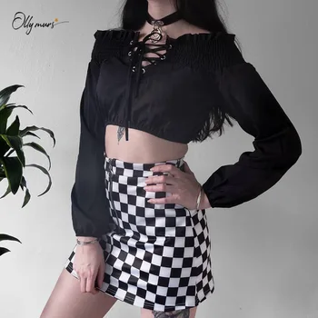 

OllyMurs Fashion Slash Neck Women Crop Tops Solid Black Female Long Sleeves Women Clothes Ladies Casual Holiday Party Club Tops