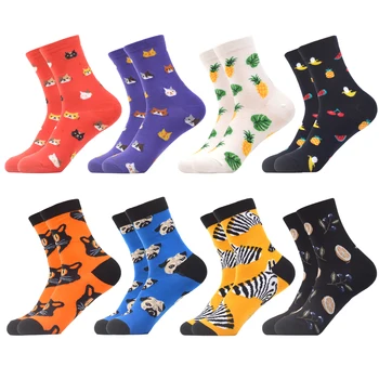

SANZETTI 6-12 Pairs Special Offer Women's Socks Colorful Animals Fox Zebra Pineapple Combed Cotton Happy Novelty Gifts Socks