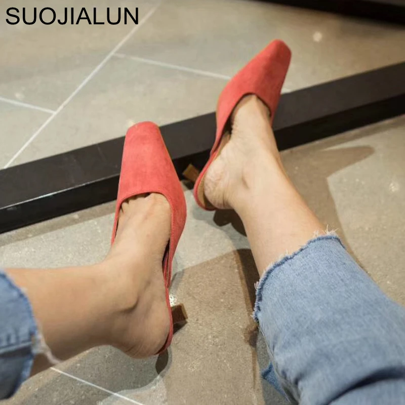 SUOJIALUN/Модная брендовая женская обувь; женские шлёпанцы; тапочки на высоком каблуке; уличные шлёпанцы; сандалии без застежки; повседневные шлепанцы без задника с квадратным носком