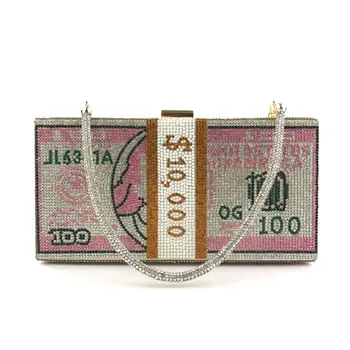 

Money Clutch Rhinestone Purse 10000 Dollars Stack of Cash Evening Handbags Shoulder Wedding Dinner Bag