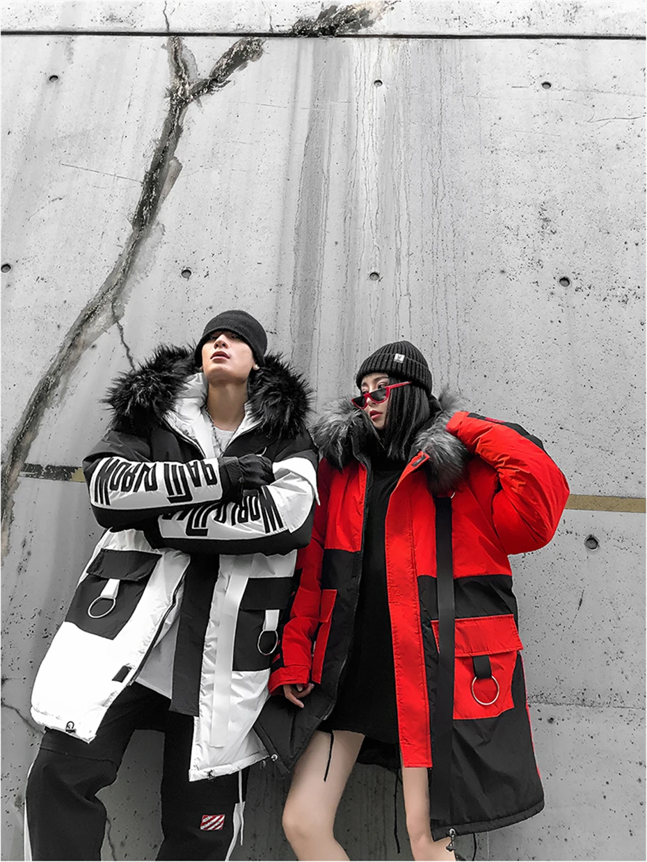 US Size Winter Parkas Men Women Streetwear Thick Fur Collar Jackets Fashion Hip Hop Warm Coats Patchwork Windbreaker DG431