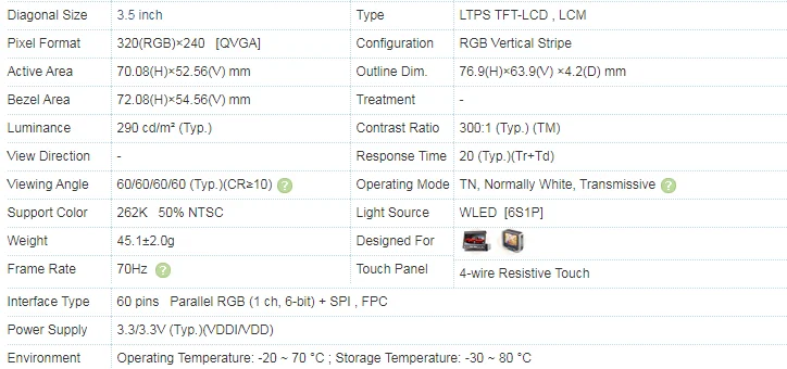 TD035TTEA3 3,5 дюймов ЖК-дисплей модуль 320(RGB)* 240 60 s Параллельный RGB SPI интерфейс