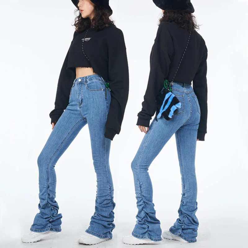 

Women High Waist Ruched Hem Skinny Jeans High Waist Stacked Jeans