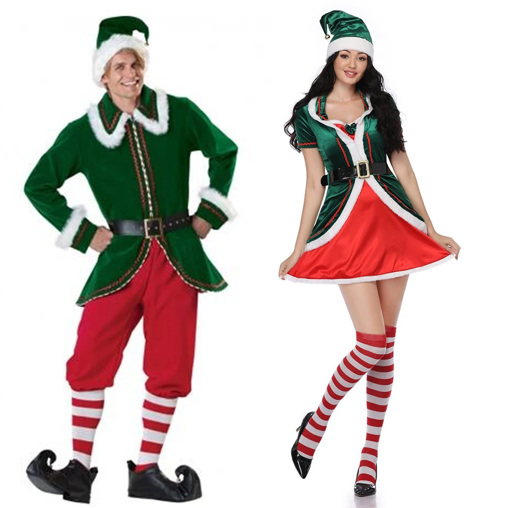 green Elf Women christmas Costume Festival Santa Claus Costume Sets for Men New Year Adult clothing Fancy Dress Xmas Party Dress