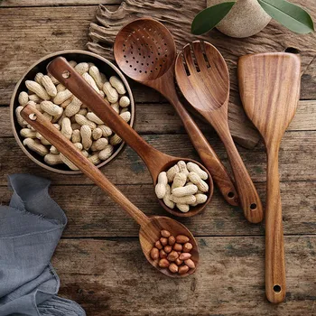 

Wooden Utensils Set for Kitchen, Handmade Natural Teak Cooking Spoons Wooden Spatula for Nonstick Cookware (5 Sets)