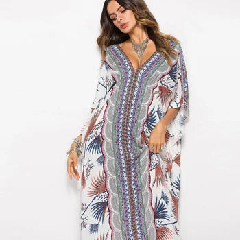 

2020 Bohemian Vintage chic women florals print bat sleeve Bats Sleeve Loose Summer Beach Dress Robe Tunic robe vestidos