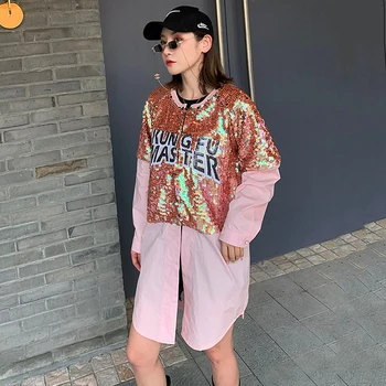 

2020 Summer new heavy industry sequin design sense niche shirt female loose baseball shirt thin coat letter Print tops QT65