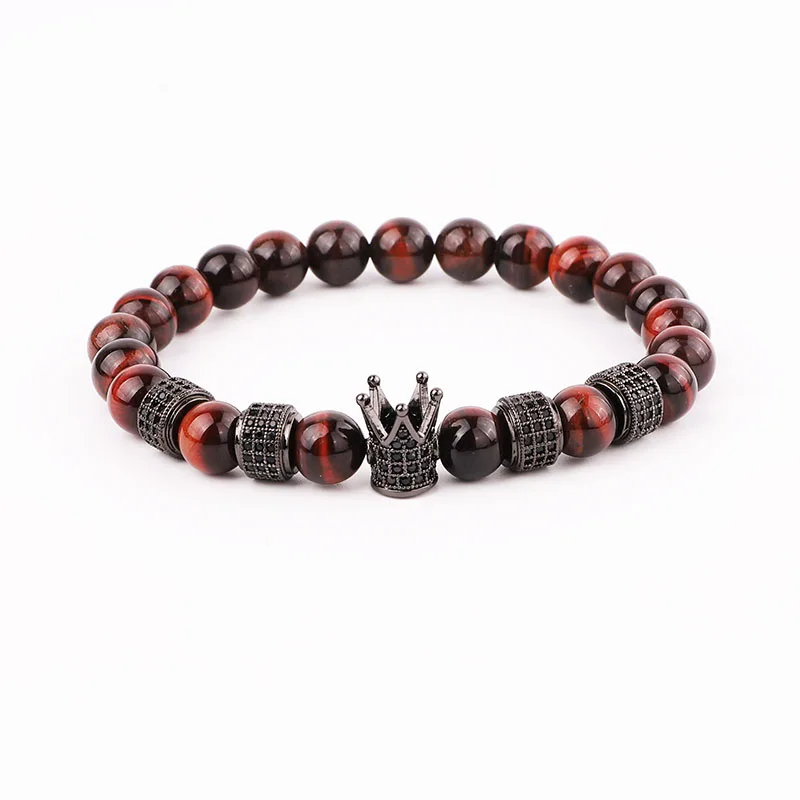 High Quality Natural Red Tiger Eye Onyx Stone Beads Cubic Zircon Charm Elastic Beads Bracelet Set Jewelry Men - Image 4