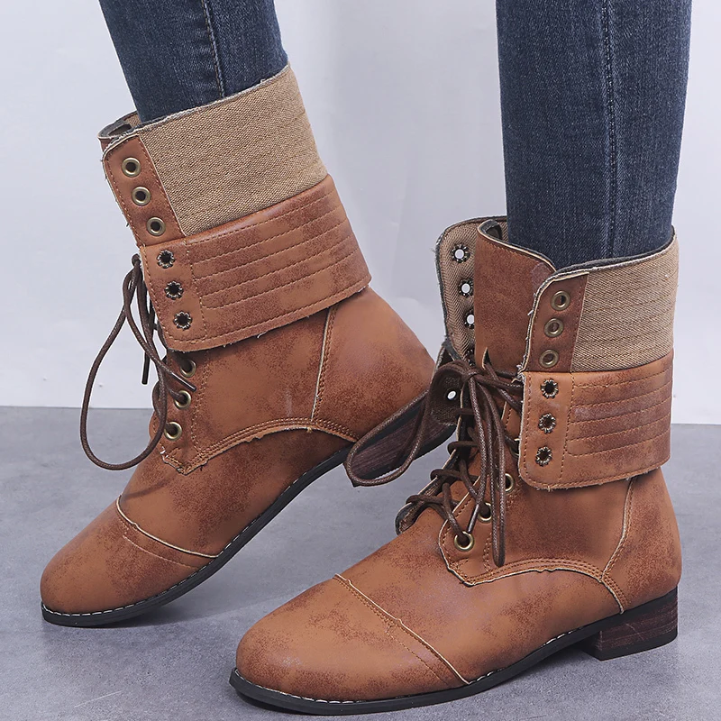 

2019 New Lace-up Winter Motorcycle Boots Women British Style Fashion Boots Gothic Punk Low Heel Bule Boot Women Shoe Plus Size