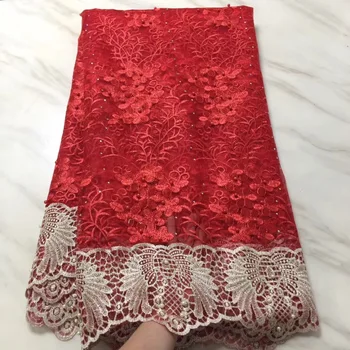

Red Gold African Beaded Stones Lace Fabric Embroidered Nigerian Laces Fabric High Quality French Tulle Lace Fabric For Women