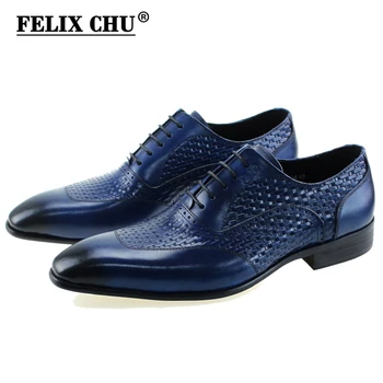 

FELIX CHU Luxurious Italian Genuine Leather Men Blue Black Wedding Oxford Shoes Lace-Up Office Business Suit Men's Dress Shoe