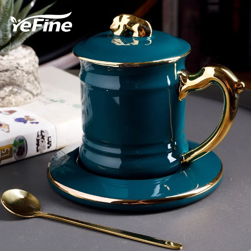 YeFine набор керамических кофейных чашек 350 мл Чайные Чашки Блюдца с крышкой креативная домашняя офисная чайная чашка из фарфора для завтрака и молока
