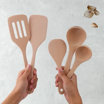 

5pcs Kitchen Cooking Tools Solid Wood Kitchenware Kits Rice Soup Spoon Japanese Flat Spatula Slotted Spatula Kitchen Tools
