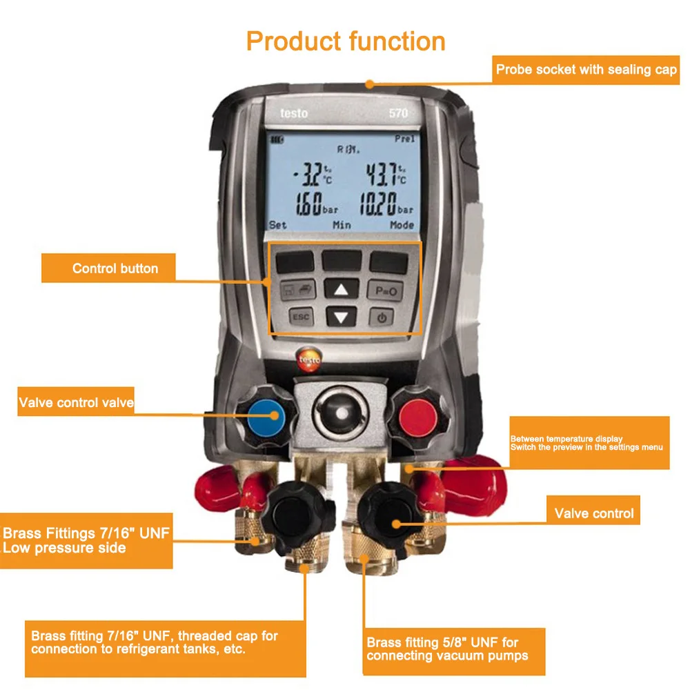 Testo 570-2 цифровой манометр набор 4 клапана с 2 зажимами холодильного манометра хранение данных внутренний Вакуумный датчик