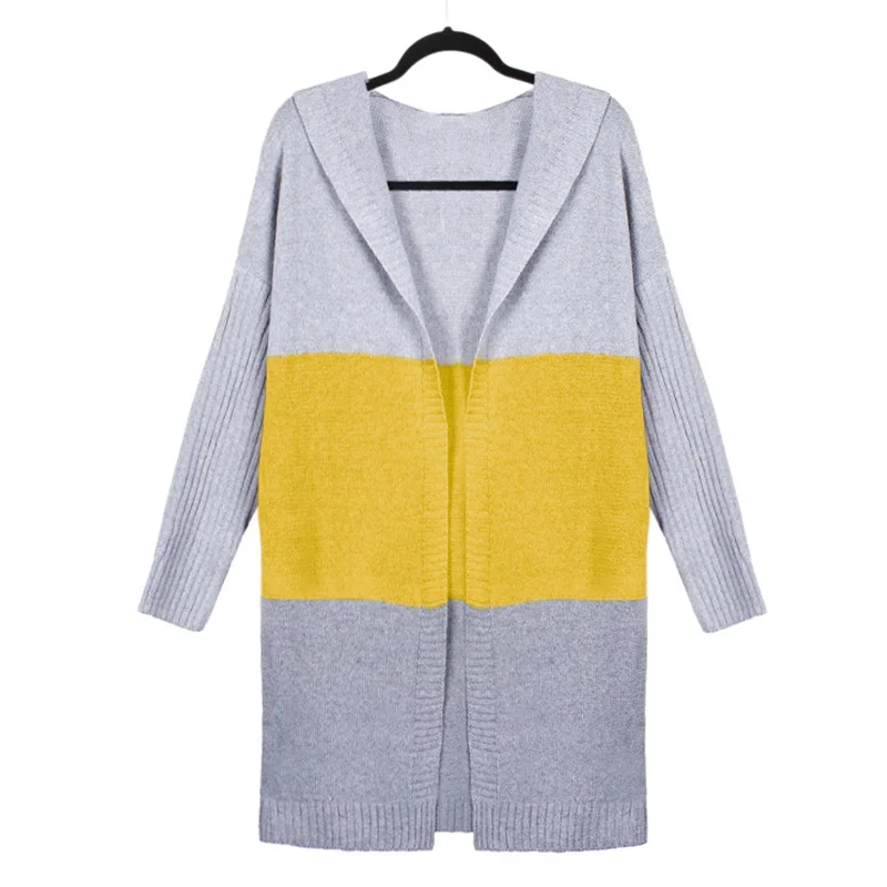 gray yellow Лоскутный вязаный длинный кардиган для женщин, Осенний с капюшоном, рукав летучая мышь размера плюс 5XL, женский свитер, пальто, зимние кардиганы для женщин - Цвет: gray yellow