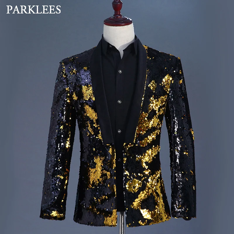 Gold Black Sequin Glitter Blazer Jacket Men Fashion Shawl Collar Mens