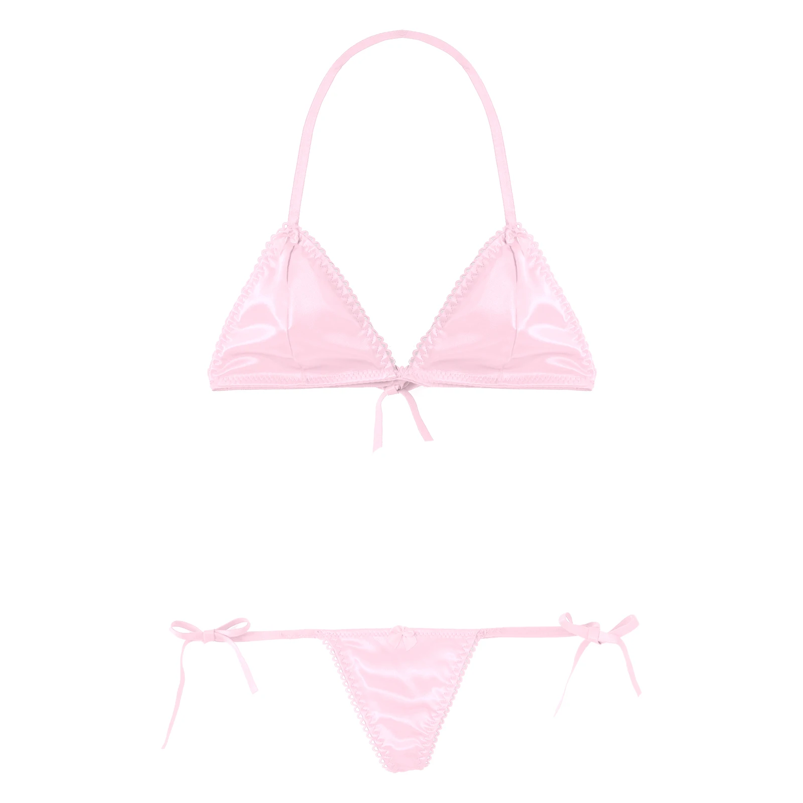 Tiaobug Mens Pure Sissy High Quality Satin Two-piece Lingeries Set Underwears Lace-up Halter Unlined Wireless Bras with Thongs
