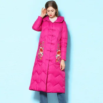 

2020 Winter New Women Flower Embroidery 90% White Duck Down Jacket Hooded Thick Warm Long Down Parkas Female Down Coat