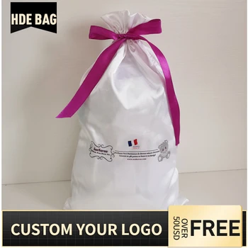 

50pcs 18x30cm Virgin Hair Extensions Wigs Storage Ribbon Drawstring Bag Bundels Silk Satin Lace Bow Custom Logo Packaging Bags