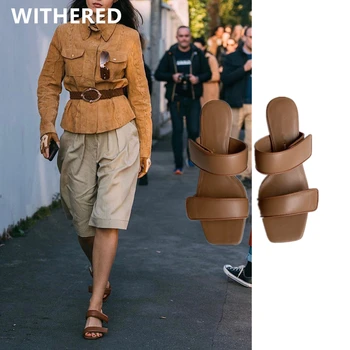 

Withered ins fashion blogger shoes woman england office lady vintage100% genuine leather soft mules high heels sandals women