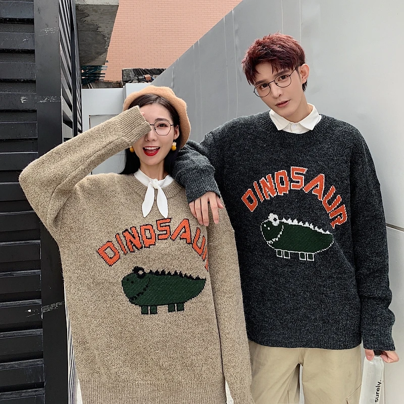 Dinosaur Men's Sweater Winter Pullover Couple  Student Sweater Men's Thicken Personality Round Collar Couple Embroidered Sweater