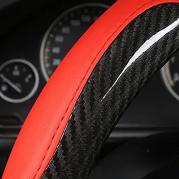 

Carbon Fiber Stitching Steering Wheel Covers Black And Red Non-Slip 38cm