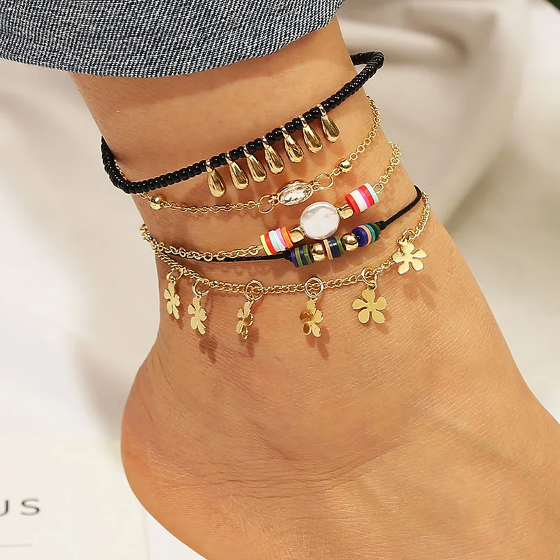 

Bohemian flowers Colorful beads foot Bracelest Set hand-woven body chain anklets for women jewelry