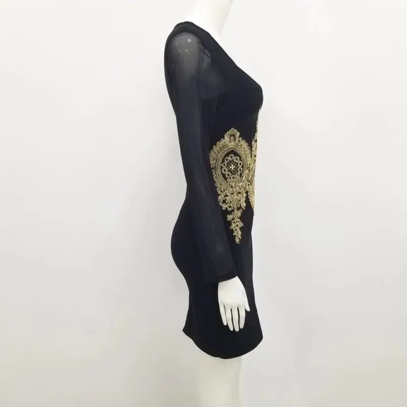 Зимнее модное сексуальное облегающее Бандажное платье с длинным рукавом и вышивкой черного и красного цветов дизайнерское модное вечернее платье Vestido