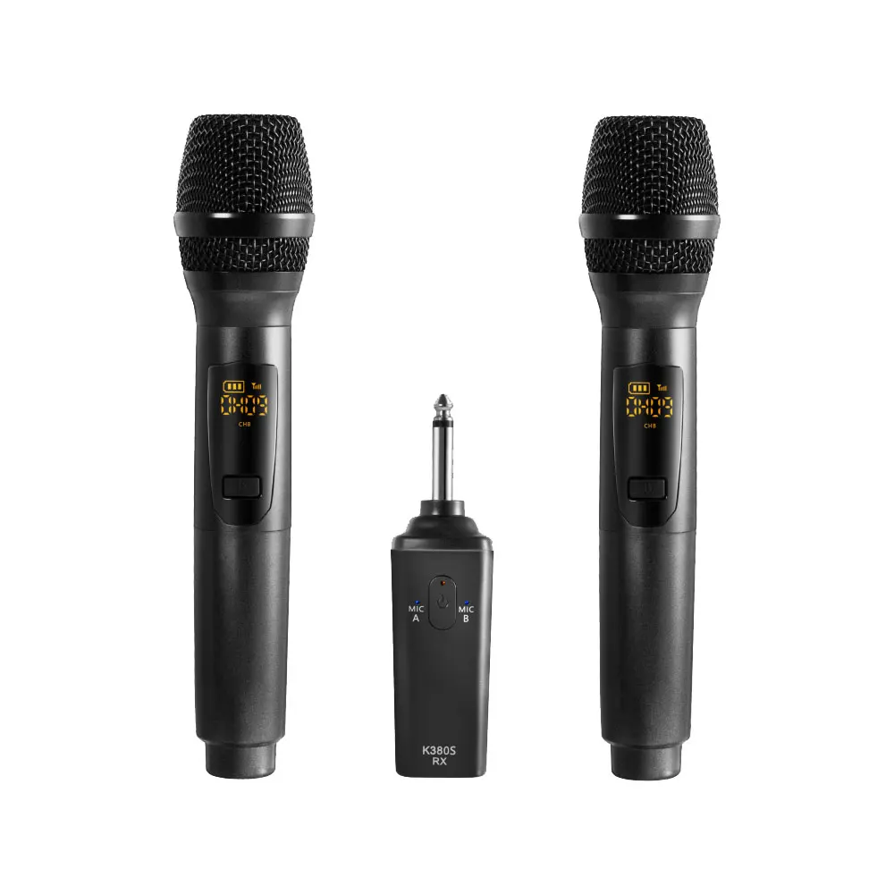 2 UHF Microphones Mic Receiver Wireless Portable 10 Channel Audio Rechargeable USB LED KTV K 