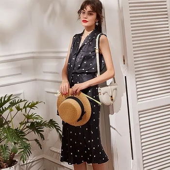 

Suits Women100% Heavy Silk Two Pieces Set Square Printed Waist Tie-up Sleeveless Shirt Silk Skirt Suit New Fashion Office Style