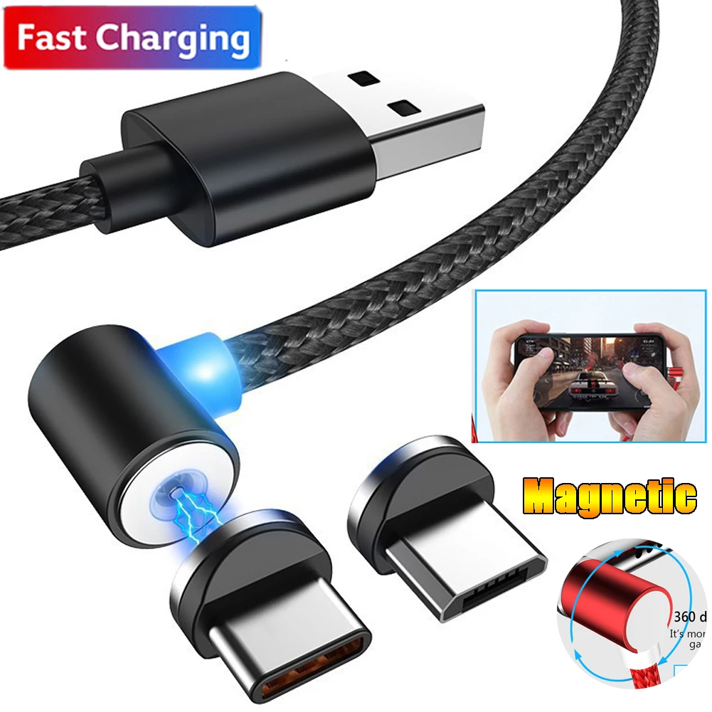 

Jetjoy 360° Rotate Round Strong Magnetic Type C Micro USB 2.1A Fast Charger Cable Nylon Braided LED 90 degree bend For Gaming
