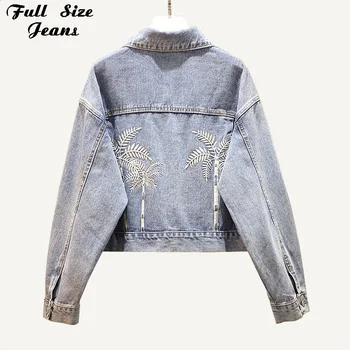 

Plus Size Embroidery Big Pockets Cropped Jeans Jackets 5xl Women Turn Down Collar Long Sleeve Short Denim Coat Casual Outwear