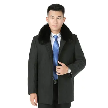 

Mature Men Autumn Winter Wool Coat Gray Thicken Blend Coats Man Fur Collar Detachable single-breasted Overcoat Inside Pocket