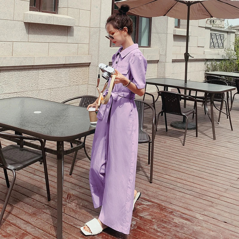 Summer Short Sleeve Shirt Style Jumpsuit Women Bandage Romper Female Korean Purple/blue Loose One Piece Wide Leg Pants Overalls