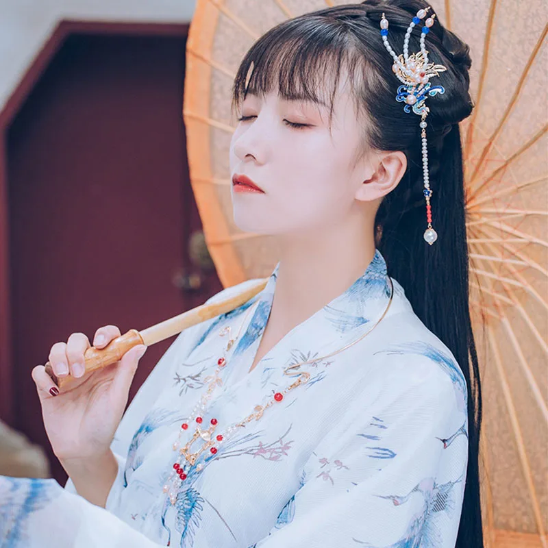 QIANJI китайский головной убор Hanfu, жемчужная Шпилька с кисточками, Шпилька для девочек, старинный стиль, ожерелье, ювелирный головной убор