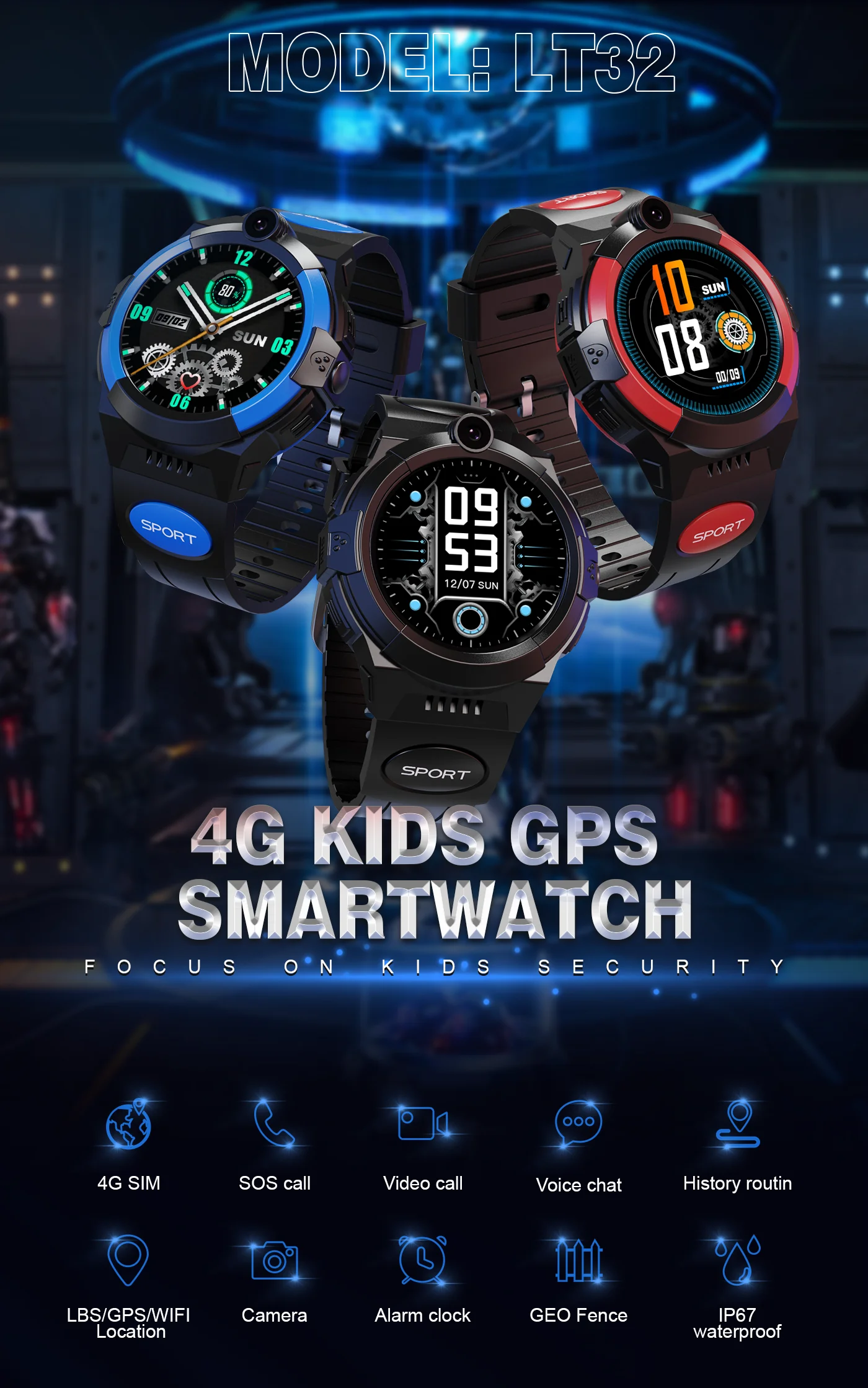 2022 New 4G Kids Smartwatch 1.28" Waterproof GPS WiFi LBS Tracking SOS Video Call SIM Phone Watches for 3~12 Boys Girls LT32
