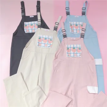 

4 Colors Korean Japanese Mori Girl Lolita Suspender Trousers Women's Cute Strawberry Printed Jumpsuits Loose Overalls Pants Girl