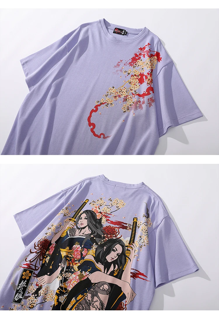 Japanese style printing beauty samurai flower short sleeve youth trend cotton round neck loose T-shirt undershirt men's clothing • COLMADO